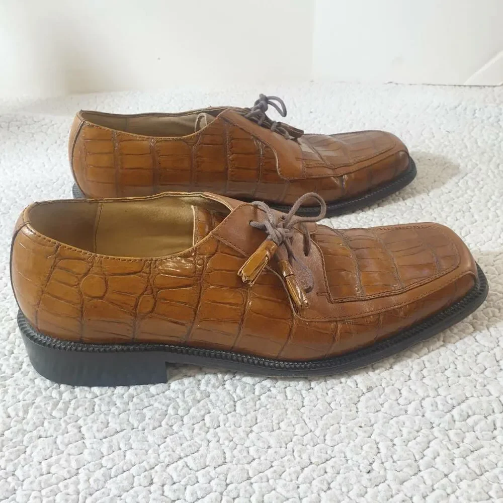 Florsheim Mens Barletta Derby Dress Shoes Brown Leather Crocodile Print 11D